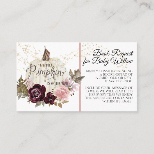 Pink Gold Burgundy Floral Pumpkin Book Request Visitenkarte (Vorderseite)