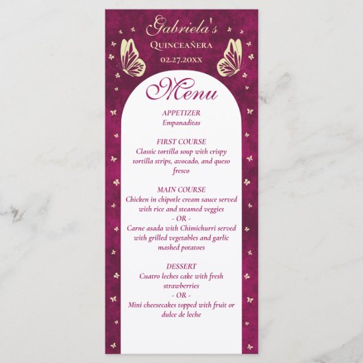 Pink Gold Butterfisch Quinceañera Girl Birthday Menükarte (Vorderseite)