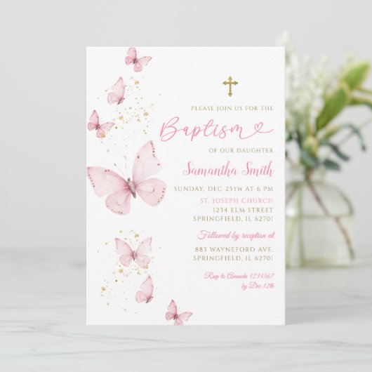 Pink Gold Butterfly Minimalistische Taufe Girl Einladung (Stehend Vorderseite)