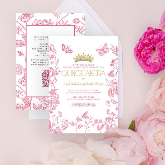 Pink Gold Butterfly Quinceañera QR Mis Quince Años Einladung