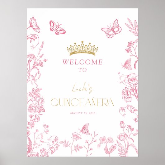 Pink Gold Butterfly Quinceñera Willkommen Poster (Vorne)