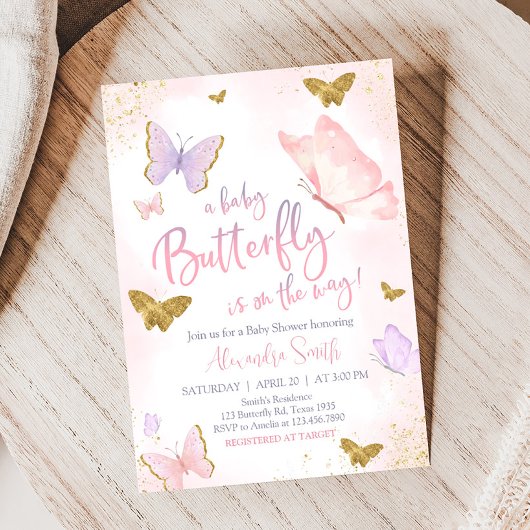 Pink Gold Butterfly Spring Baby Dusche Einladung