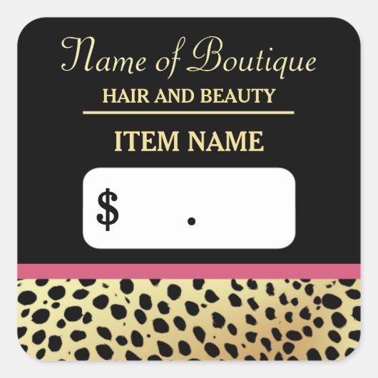 Pink Gold Cheetah Print Beauty Boutique Preis Tags Quadratischer Aufkleber (Vorderseite)