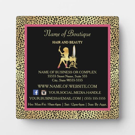 Pink Gold Cheetah Print Boutique Information Sign Fotoplatte (Vorderseite)