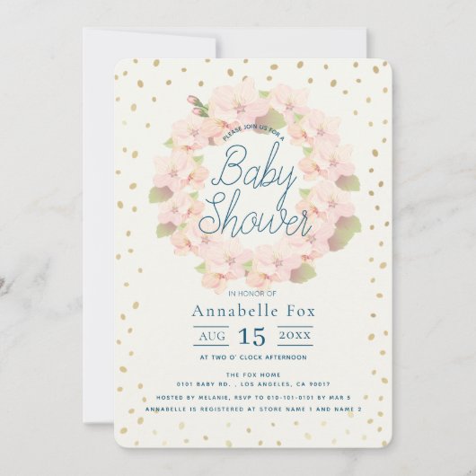 Pink & Gold Cherry Blossom Kinderdusche Einladung (Vorderseite)