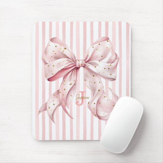 Pink Gold Confetti Bow Monogram Name Mousepad (Mit Mouse)
