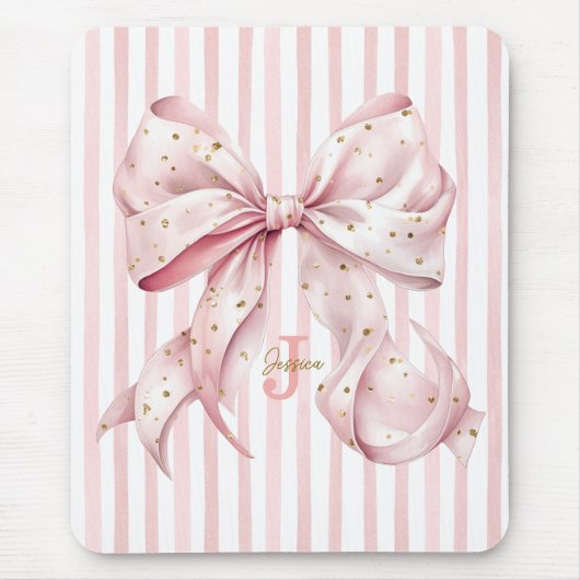 Pink Gold Confetti Bow Monogram Name Mousepad (Vorne)