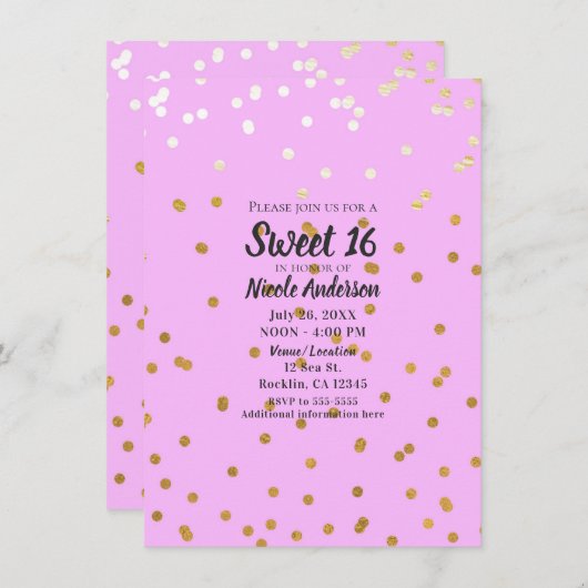 Pink & Gold Confetti Dots Moderner Glamour Glam Einladung (Vorne/Hinten)