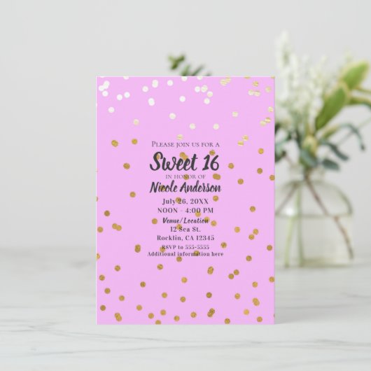 Pink & Gold Confetti Dots Moderner Glamour Glam Einladung (Stehend Vorderseite)