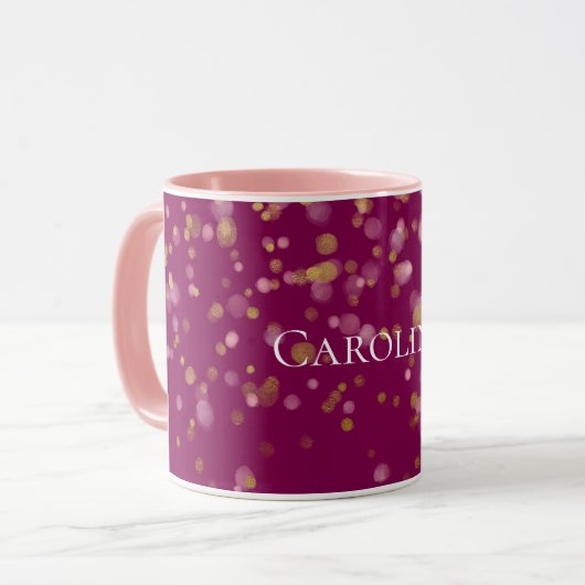 Pink Gold Confetti Glam Dots Name Tasse (Vorderseite Links)