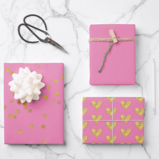 Pink Gold Confetti Herz Geschenkpapier Set (Vorderseite)