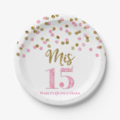 Pink Gold Confetti Mis 15 Quinceanera Pappteller (Vorderseite)