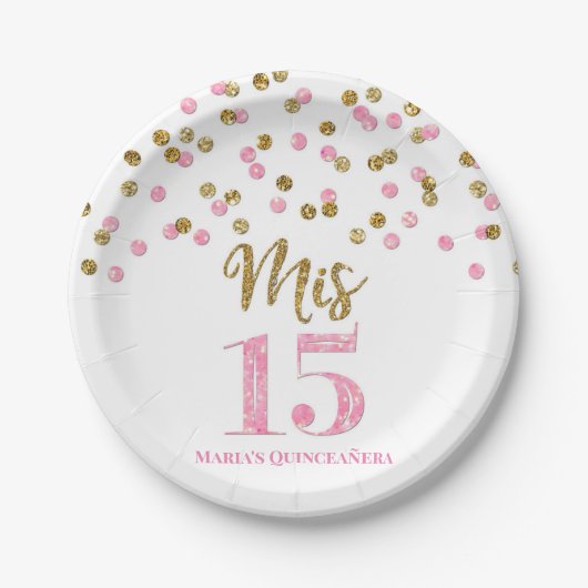 Pink Gold Confetti Mis 15 Quinceanera Pappteller (Vorderseite)