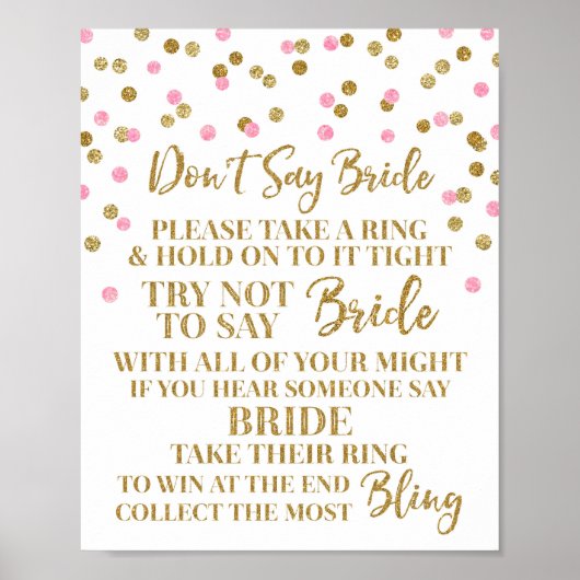 Pink Gold Confetti Sage nicht Bride Game Sign Poster (Vorne)