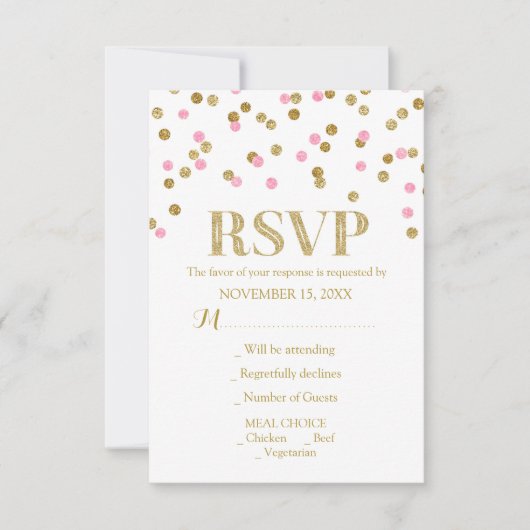 Pink Gold Confetti Wedding RSVP Cards (Vorderseite)