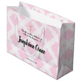 Pink Gold Cross Personalisiert Baby Girl Taufe Große Geschenktüte (Vorderseite Schrägansicht)