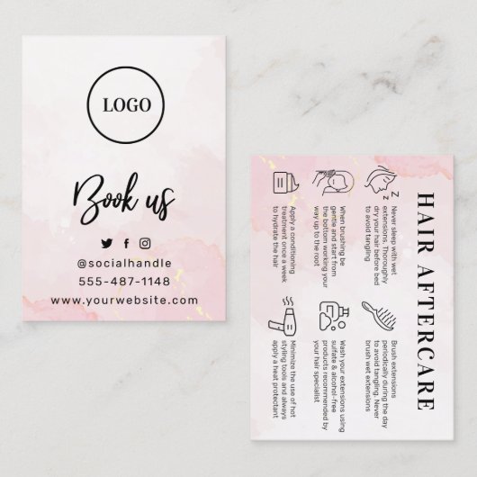 Pink Gold Custom Logo Hair Aftercare Card Visitenkarte (Vorne/Hinten)