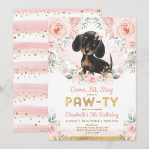 Pink Gold Dackel Girls Birthday Puppy Pet Dog Einladung