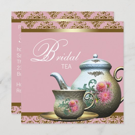 Pink Gold Damask Bridal Teedusche Einladung (Vorne/Hinten)