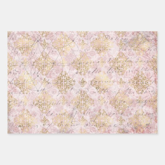 Pink Gold Damask Ephemera Digital Collage Geschenkpapier Set (Vorderseite 2)
