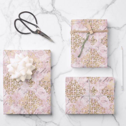 Pink Gold Damask Ephemera Digital Collage Geschenkpapier Set (Vorderseite)