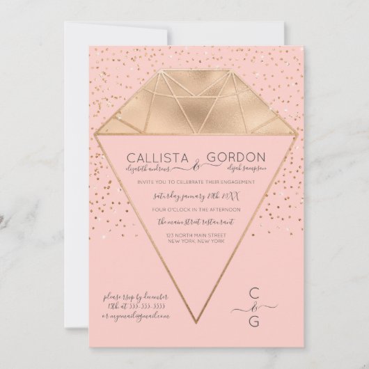 Pink Gold Diamond Confetti Glitzer Verlobung Einladung (Vorderseite)