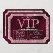 Pink & Gold Diamonds Glitzer Burgundy VIP Ticket Einladung (Vorne/Hinten)