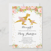 Pink Gold Dino Girl Kinderdusche Einladung (Vorderseite)