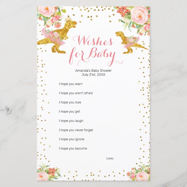 Pink Gold Dino Girl Wünsche für Baby Game (Vorderseite)