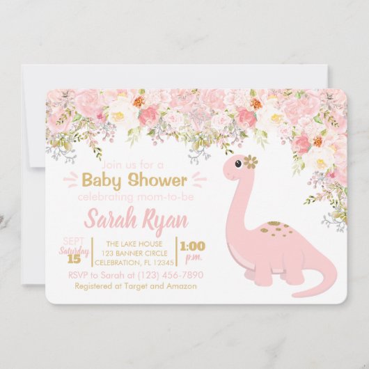Pink & Gold Dinosaurier Floral Girl Babydusche Einladung (Vorderseite)