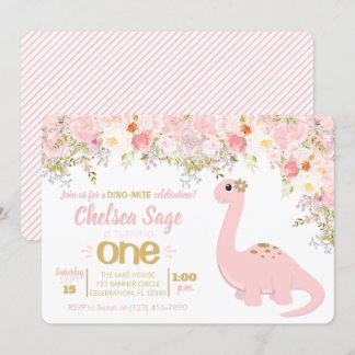 Pink & Gold Dinosaurier Floral Girl Geburtstag Einladung