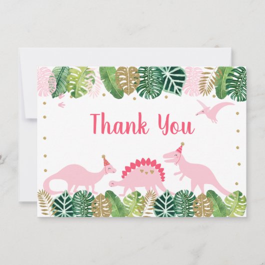 Pink & Gold Dinosaurier Geburtstag Vielen Dank Dankeskarte (Vorderseite)