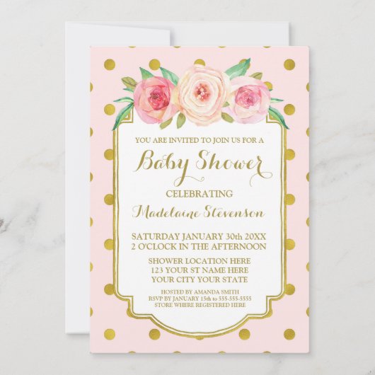 Pink Gold Dots Aquarellfarben BläserBaby Dusche Einladung (Rückseite)