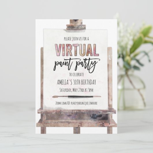Pink Gold Easel Virtual Paint Party Erwachsene Geb Einladung (Stehend Vorderseite)