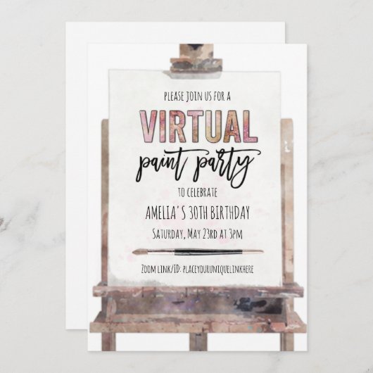 Pink Gold Easel Virtual Paint Party Erwachsene Geb Einladung (Vorne/Hinten)