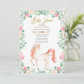 Pink Gold Einhorn Rose Blumengrün Kinderdusche Einladung (Stehend Vorderseite)