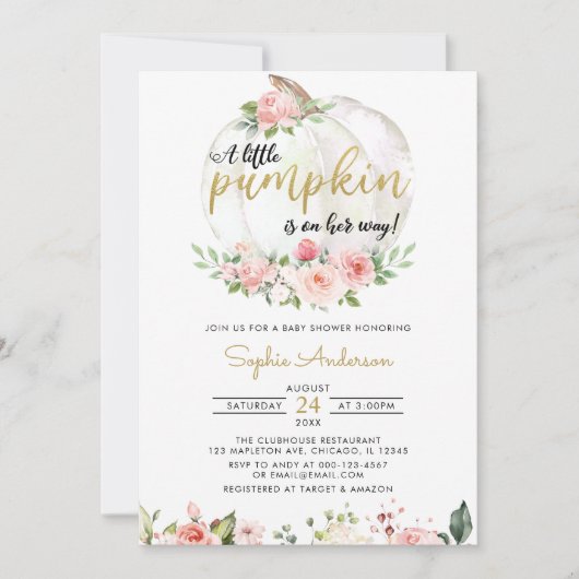 Pink Gold Elegant Kleine Kürbiskinderdusche Inv Einladung (Vorderseite)