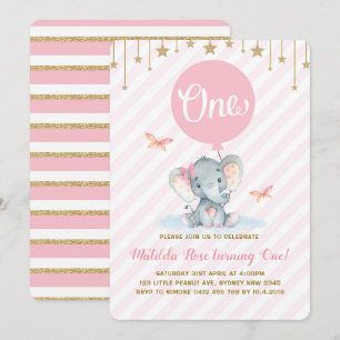 Pink Gold Elephant 1. Geburtstag Twinkle Star Einladung