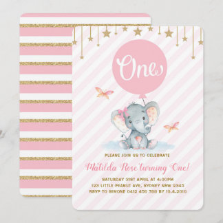 Pink Gold Elephant 1. Geburtstag Twinkle Star Einladung