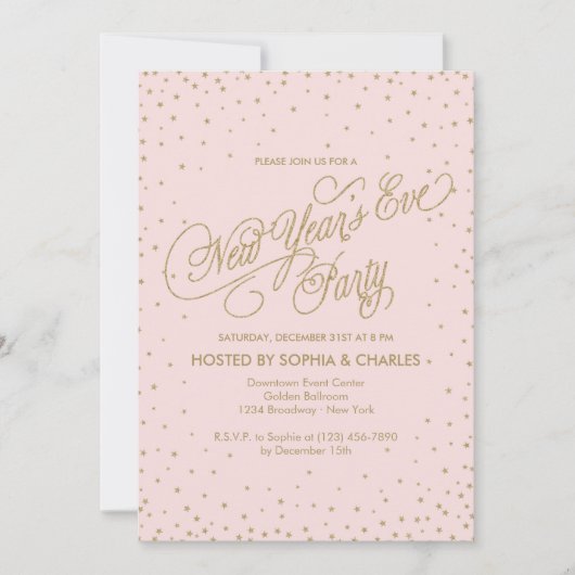 Pink & Gold Extravagant Stars Silvester Party Einladung (Vorderseite)