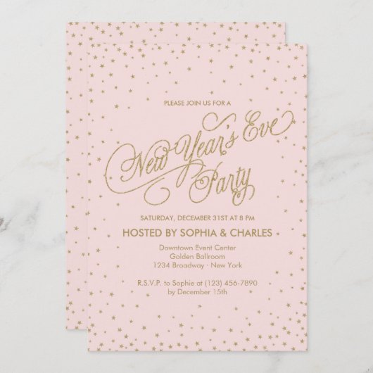 Pink & Gold Extravagant Stars Silvester Party Einladung (Vorne/Hinten)