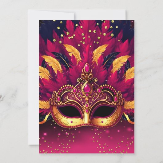 Pink Gold Feathers Masks Masquerade Birthday Party Einladung (Rückseite)