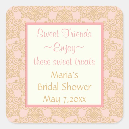 Pink Gold filigrane Bonbons Quadratischer Aufkleber (Vorderseite)