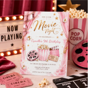 Pink Gold Filmnacht Mädchen Geburtstag Einladung