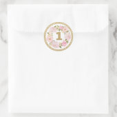 Pink & Gold Floral 1 Geburtstag Gefallen Tag Stick Runder Aufkleber (Tasche)