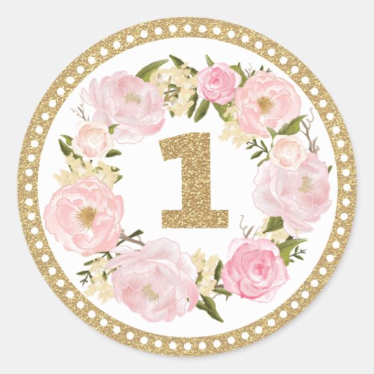 Pink & Gold Floral 1 Geburtstag Gefallen Tag Stick Runder Aufkleber (Vorderseite)