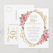 Pink Gold Floral 50. Einladungspostkarte (Vorne/Hinten)
