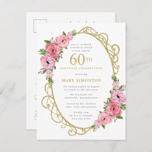 Pink Gold Floral 60. Einladungspostkarte (Vorne/Hinten)