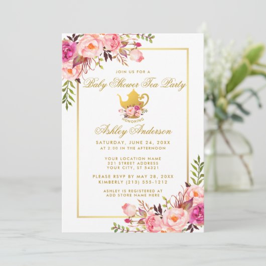Pink Gold Floral Baby Dusche Party laden Einladung (Stehend Vorderseite)