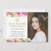 Pink Gold Floral Bat Mitzvah Foto Save the Date (Vorderseite)